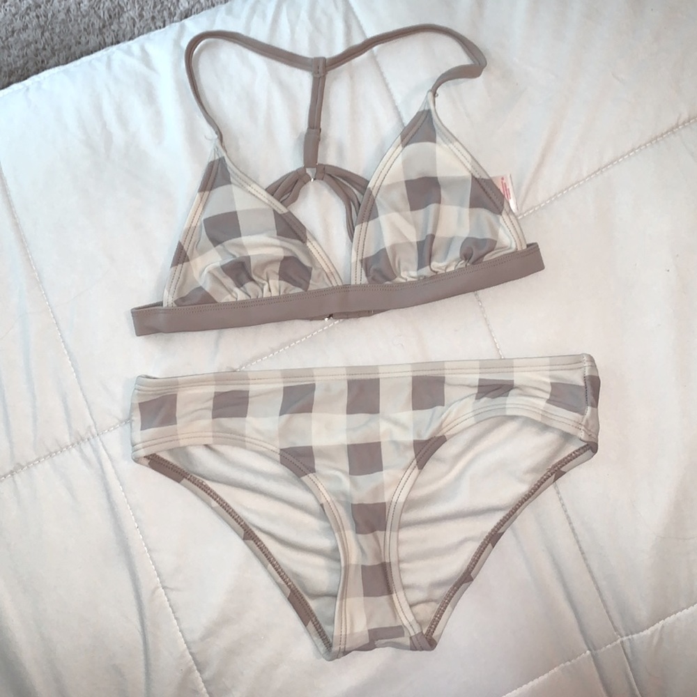 Cute white and tan bikini with strap design back